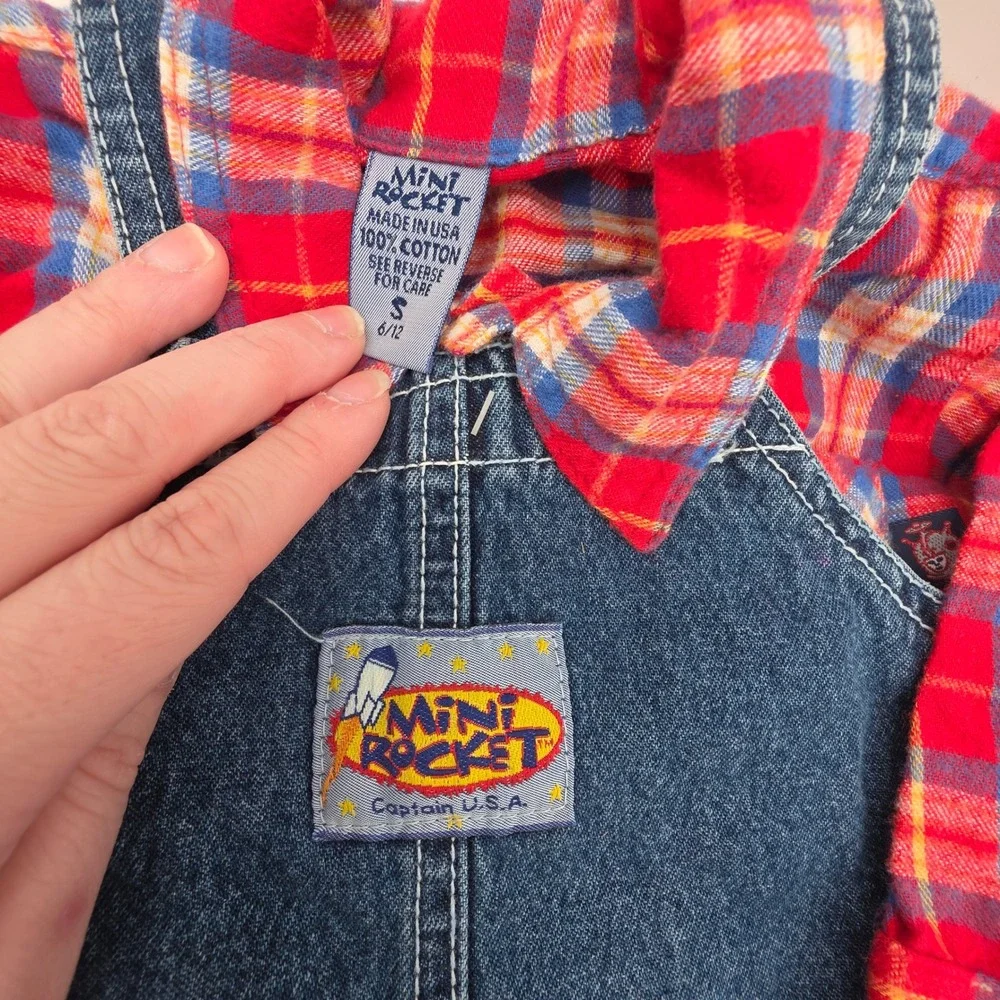 Mini Rocket Vintage Denim Overalls‎ and Plaid Flannel Shirt Set Red Blue 6-12M